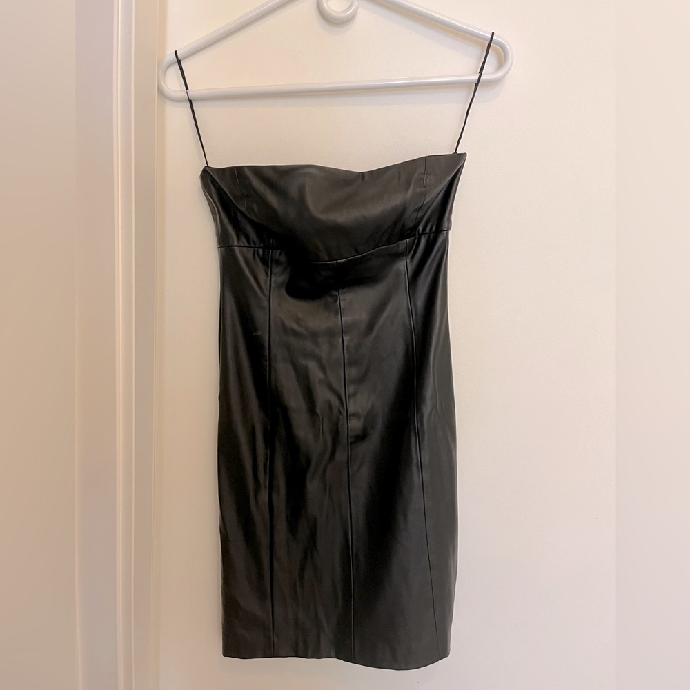 Black leather strapless mini dress